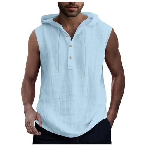 Zofedap Leinenhemd Herren Sommer Leicht mit Kapuze Tank Top Dünn Hoodie Männer Einfarbig Lässig Sommerhemd Ärmelloses Shirt Baumwolle Leinen Kapuzenhemd Tanktop von Zofedap