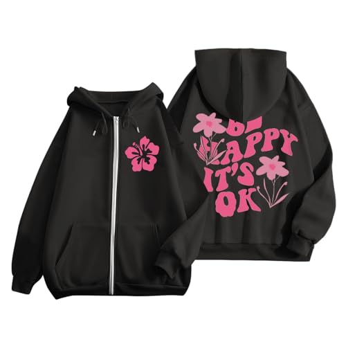 Zofedap Oversize Hoodie Damen Reißverschluss mit Backprint Frauen Teenager Mädchen Sweatjacke Kapuze Sweatshirt Zipper Langarmshirt Jacke Rückenprint Kapuzenpulli Kapuzenpullover Kapuzenjacke von Zofedap