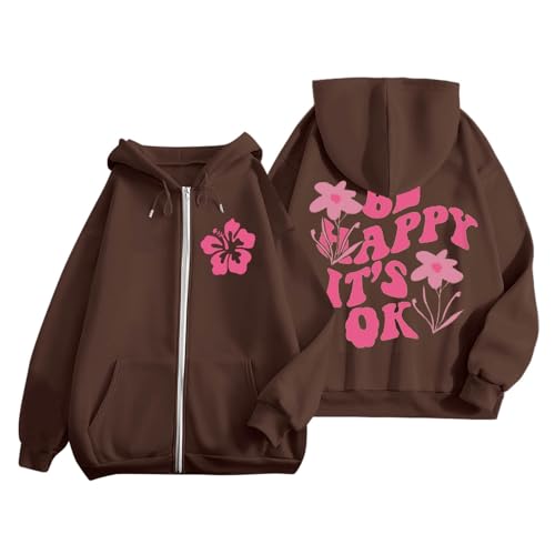 Zofedap Oversize Hoodie Damen Reißverschluss mit Backprint Frauen Teenager Mädchen Sweatjacke Kapuze Sweatshirt Zipper Langarmshirt Jacke Rückenprint Kapuzenpulli Kapuzenpullover Kapuzenjacke von Zofedap
