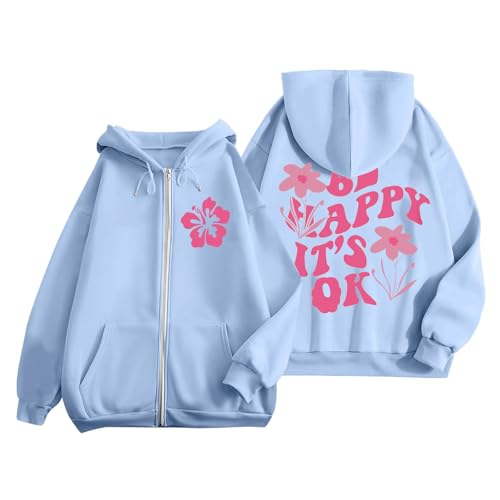 Zofedap Oversize Hoodie Damen Reißverschluss mit Backprint Frauen Teenager Mädchen Sweatjacke Kapuze Sweatshirt Zipper Langarmshirt Jacke Rückenprint Kapuzenpulli Kapuzenpullover Kapuzenjacke von Zofedap