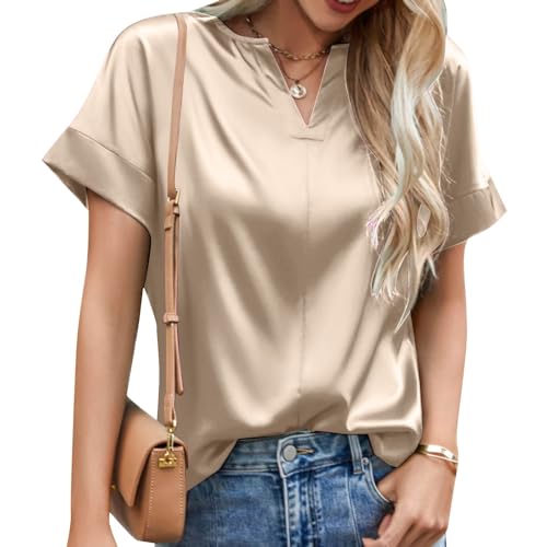 Zofedap Satin Bluse Damen Elegant Kurzarm Basic Tunika Einfarbig V-Ausschnitt Oberteile Sommer Tops T Shirt Hemden von Zofedap