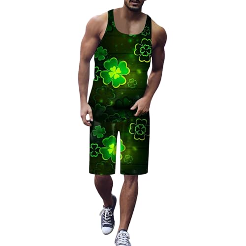 Zofedap St Patricks Day Kostüm Herren Zweiteiler Grün Sommer Tank Top und Shorts Set Kleeblatt Outfit Männer Karneval Faschingskostüme Mottoparty Kostüme von Zofedap