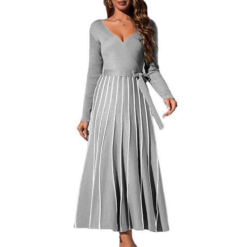 Damen 2025 Frühling Herbst V-Ausschnitt Wickelkleid, Langarm Strickkleid mit Bindegürtel, Hohe Taille A-Linien Midi Kleid, Casual Strickkleid Damen Frühling Herbst von Zoifada