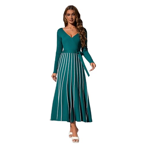 Damen 2025 Frühling Herbst V-Ausschnitt Wickelkleid, Langarm Strickkleid mit Bindegürtel, Hohe Taille A-Linien Midi Kleid, Casual Strickkleid Damen Frühling Herbst von Zoifada