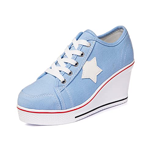 Zoifada Damen Canvas Keilabsatz Schuhe Sneaker mit Absatzhöhe Trunschuhe für Sport Freizeit Laufschuhe mehrere Farben Blau,35 von Zoifada