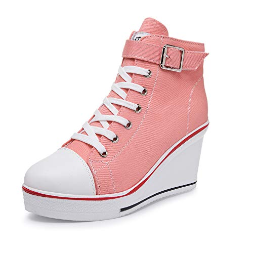 Zoifada Damen Canvas Keilabsatz Schuhe Sneaker mit Absatzhöhe Trunschuhe für Sport Freizeit Laufschuhe mehrere Farben Rose,38 von Zoifada