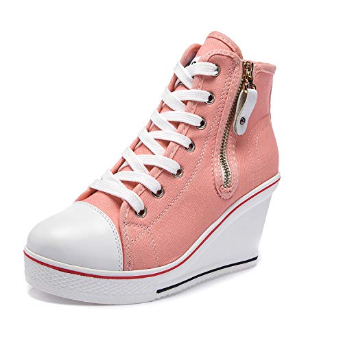 Zoifada Damen Canvas Keilabsatz Schuhe Sneaker mit Absatzhöhe Trunschuhe für Sport Freizeit Laufschuhe mehrere Farben Rose,40 von Zoifada