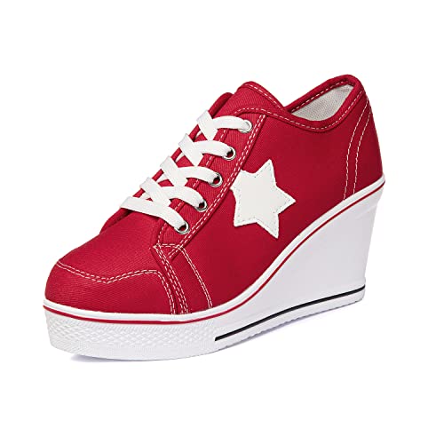 Zoifada Damen Canvas Keilabsatz Schuhe Sneaker mit Absatzhöhe Trunschuhe für Sport Freizeit Laufschuhe mehrere Farben Rot,37 von Zoifada