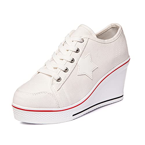 Zoifada Damen Canvas Keilabsatz Schuhe Sneaker mit Absatzhöhe Trunschuhe für Sport Freizeit Laufschuhe mehrere Farben Weiß,35 von Zoifada