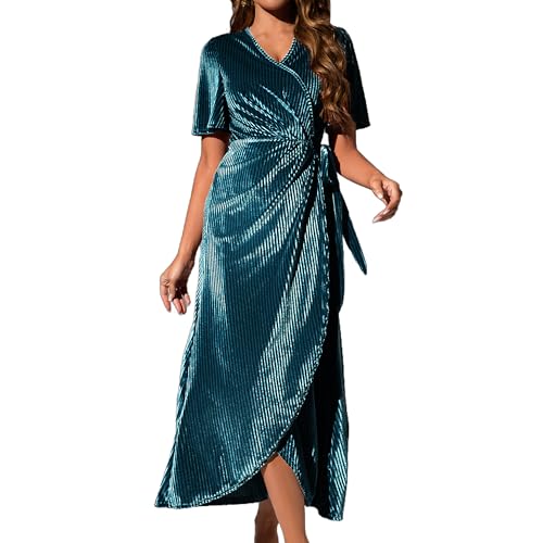 Zoifada Damen Samtkleid V-Ausschnitt Wickelkleid mit Gürtel und Volantärmeln, Elegantes Langkleid für Weihnachten, Silvester und Festliche Anlässe von Zoifada