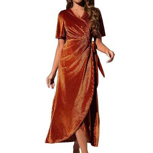 Zoifada Damen Samtkleid V-Ausschnitt Wickelkleid mit Gürtel und Volantärmeln, Elegantes Langkleid für Weihnachten, Silvester und Festliche Anlässe von Zoifada
