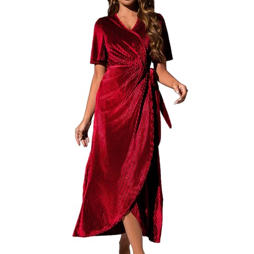 Zoifada Damen Samtkleid V-Ausschnitt Wickelkleid mit Gürtel und Volantärmeln, Elegantes Langkleid für Weihnachten, Silvester und Festliche Anlässe von Zoifada