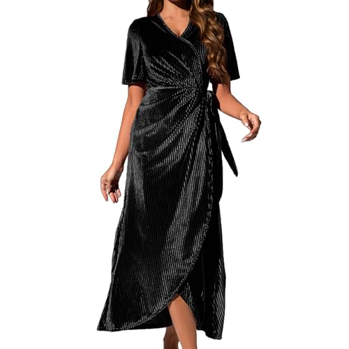 Zoifada Damen Samtkleid V-Ausschnitt Wickelkleid mit Gürtel und Volantärmeln, Elegantes Langkleid für Weihnachten, Silvester und Festliche Anlässe von Zoifada