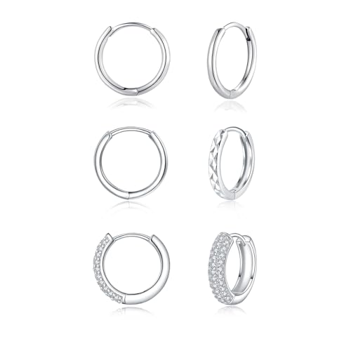 Zolkamery Creolen Silber 925, 3 Paar 925 Sterling Silber Ohrringe Set für Damen, Weiß Gold Hypoallergen Klein Schlafen Creolen, Silber Unisex Kreolen Ohrringe Ohrschmuck für Mehrere Ohrlöcher in 12mm von Zolkamery
