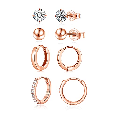 Zolkamery Creolen Silber 925 Ohrringe für Damen, 925 Sterling Silber Ohrstecker Creolen Ohrringe Set, Rose Gold Klein Schlafen Ohrstecker Creolen Ohrringe Set, 12mm Creolen & 5mm Ohrstecker Ohrringe von Zolkamery