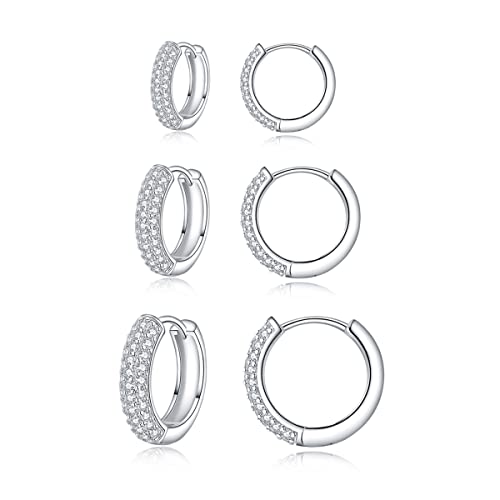 Zolkamery Creolen Silber Damen Ohrringe, 3 Paare 925 Sterling Silber Creolen Ohrringe Set mit AAAAA Zirkonia, Klein Unisex Schlafen Kreolen Creolen Ohrringe, Silber Creolen Ohrringe Set in 9, 11, 13mm von Zolkamery