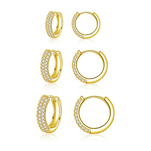 Zolkamery Silber Ohrringe Set, 3 Paare 925 Sterling Silber Creolen mit AAAAA Zirkonia, Unisex Schlafen Kreolen Ohrringe, Gold Creolen in 9-13mm von Zolkamery