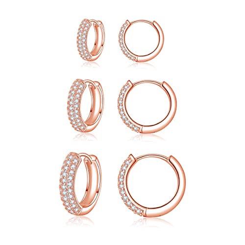 Zolkamery Creolen Silber Damen Ohrringe, 3 Paare 925 Sterling Silber Creolen Ohrringe Set mit AAAAA Zirkonia, Silber Klein Unisex Schlafen Kreolen Ohrringe, Rose Gold Creolen Ohrringe Set in 9 11 13mm von Zolkamery