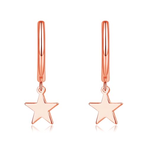 Zolkamery Damen Creolen Ohrringe Hängend, 925 Sterling Silber Creolen Ohrhänger Ohrringe, Rose Gold Creolen Hängeohrringe für Frauen Mädchen, Hypoallergen Stern Anhänger Creolen Ohrringe von Zolkamery