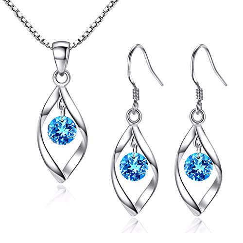 Zolkamery Schmuckset Silber 925 Damen, 925 Sterling Silber Twist Halskette & Ohrhänger Set mit Blau AAAAA Zirkonia, Haken Damen Schmuck Set Silberkette & Ohrringe Hängend mit Geschenkbox für Mädchen von Zolkamery