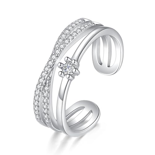 Zolkamery Silber Ringe für Damen, 925 Sterling Silber Verlobungsring Eheringe, Verstellbar Drei Schicht Cross-Linien Ringe mit 5A Zirkonia, Weißgold Minimalistischer Fingerringe für Liebe Braut Freund von Zolkamery