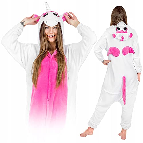 ZOLTA Jumpsuit Onesie für Damen und Herren - Sanft Kuschelig Unisex Pyjama - Warme Schlafanzug - Karneval Kostüm Damen oder Herren - Kostüm Einhorn Motiv - Größe 148-160 cm S - Rosa Einhorn von ZOLTA