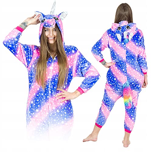 ZOLTA Jumpsuit Onesie für Damen und Herren - Sanft Kuschelig Unisex Pyjama - Warme Schlafanzug - Karneval Kostüm Damen oder Herren - Kostüm Einhorn Motiv - Größe 148-160 cm S - Violett-rosa Einhorn von ZOLTA