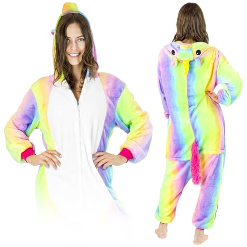 Jumpsuit Onesie für Damen und Herren - Sanft Kuschelig Unisex Pyjama - Warme Schlafanzug - Karneval Kostüm Damen oder Herren - Kostüm Einhorn Motiv - Größe 158-168 cm M - Regenbogen-Einhorn von ZOLTA
