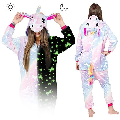 ZOLTA Jumpsuit Onesie für Damen und Herren - Sanft Kuschelig Unisex Pyjama - Warme Schlafanzug - Karneval Kostüm Damen oder Herren - Kostüm für Party und - Größe 148-160 cm S - Rainbow Glowing Unicorn von ZOLTA