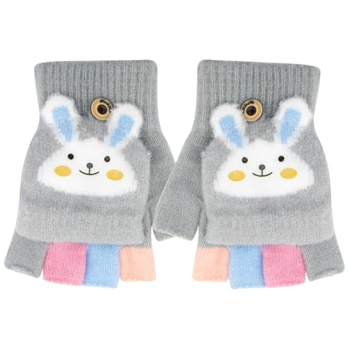 Kinder Fingerlose Handschuhe Winter Warm Convertible Flip Top Handschuhe Weiches Strickfutter und elastische Niedlich Cartoon für Kinder Junge Mädchen 7-10 Jahre (Grau) von Zolunu