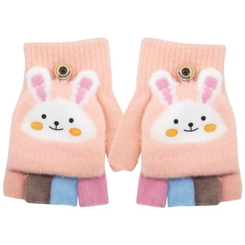 Kinder Fingerlose Handschuhe Winter Warm Convertible Flip Top Handschuhe Weiches Strickfutter und elastische Niedlich Cartoon für Kinder Junge Mädchen 7-10 Jahre (Rosa) von Zolunu