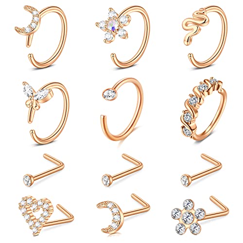 Zolure 18G Nasenpiercing Nase Nasenringe Ohrstecker L-Förmiger Nasenstecker Tragus Knorpel Helix Ohrringe Hoop Nase Piercing Schmuck Für Frauen Set von Zolure