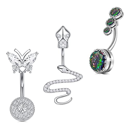 Zolure Bauchnabelpiercing 3PCS 14G Chirurgenstahl Nabelpiercing Schmetterling Schlange Dreifach CZ Diamant Bauchnabel Piercing Stab 10MM Frauen Mädchen Bauchnabel Piercing Silber von Zolure