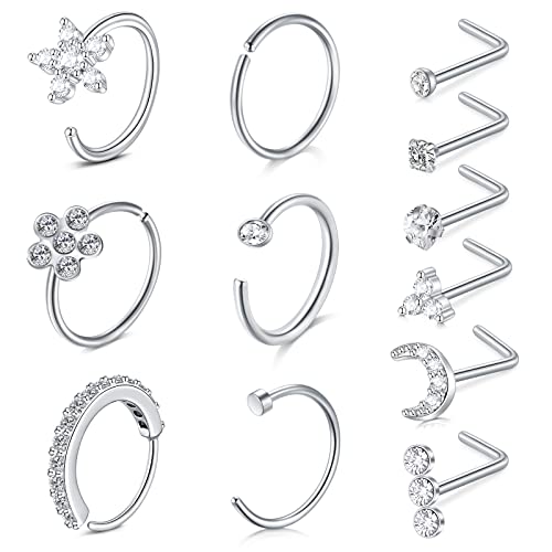 Zolure Nasenstecker L-förmig Nasenring Piercing Chirurgenstahl Damen Herren Nasenpiercing Nasenschmuck Nase Stud Piercing 12 Stück - Silber von Zolure