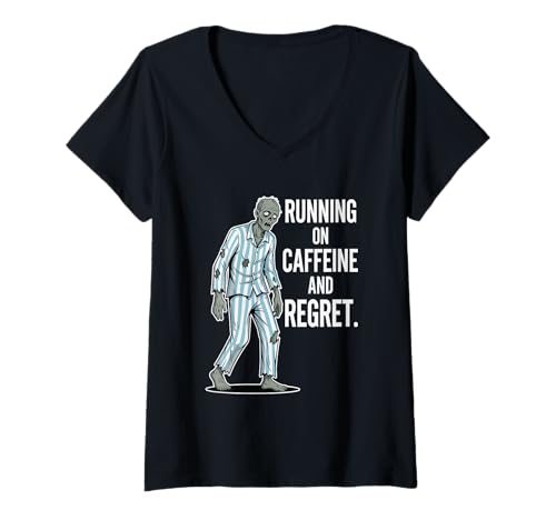 Damen Running on Caffein and Reue - Zombie in Pyjamas Funny T-Shirt mit V-Ausschnitt Damen Running on Caffein and Reue - Zombie in Pyjamas Funny T-Shirt mit V-Ausschnitt von Zombie Coffee and Regret Humor Tees