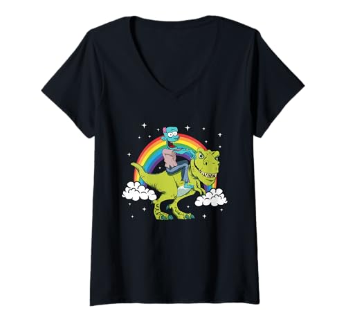 Damen Zombie Halloween Dinosaurier Tyrannosaurus T-Rex Regenbogen T-Shirt mit V-Ausschnitt Damen Zombie Halloween Dinosaurier Tyrannosaurus T-Rex Regenbogen T-Shirt mit V-Ausschnitt von Zombie Dino Action