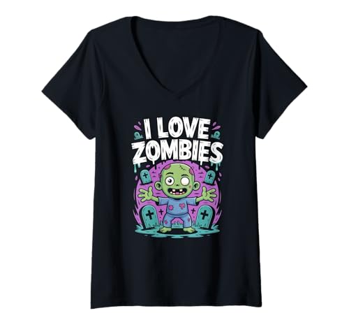 Damen Ich Liebe Zombies Cute Undead Graveyard T-Shirt mit V-Ausschnitt Damen Ich Liebe Zombies Cute Undead Graveyard T-Shirt mit V-Ausschnitt von Zombie Enthusiast Graveyard Fun Zombies Halloween