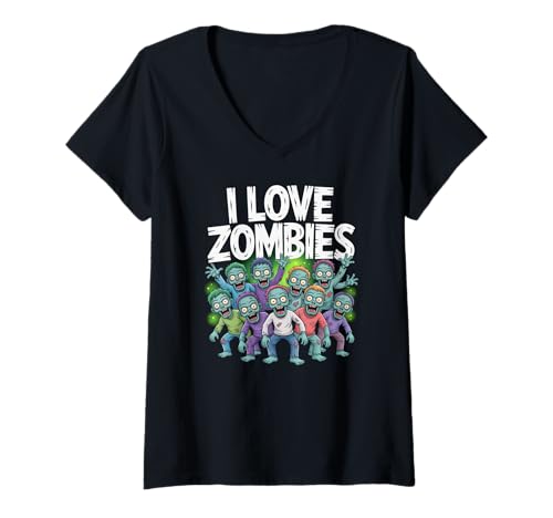 Damen Ich Liebe Zombies Undead Cartoon Fun T-Shirt mit V-Ausschnitt Damen Ich Liebe Zombies Undead Cartoon Fun T-Shirt mit V-Ausschnitt von Zombie Enthusiast Humor Apparel