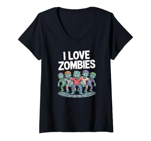 Damen I Love Zombies Creepy Horde Grafik T-Shirt mit V-Ausschnitt Damen I Love Zombies Creepy Horde Grafik T-Shirt mit V-Ausschnitt von Zombie Enthusiast Undead Fanatics