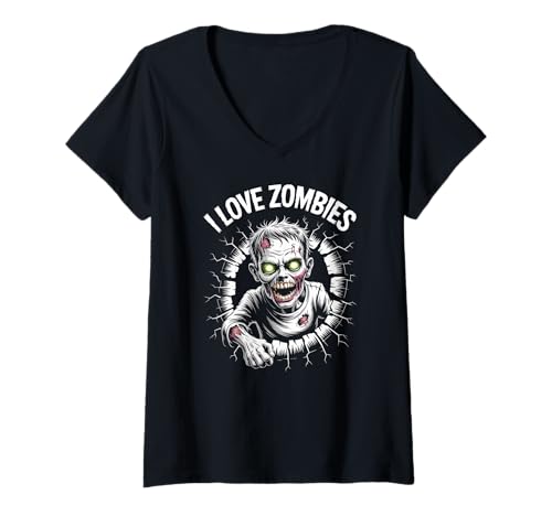 Damen Ich Liebe Zombies, gruseliges Untot-Monster-Design T-Shirt mit V-Ausschnitt Damen Ich Liebe Zombies, gruseliges Untot-Monster-Design T-Shirt mit V-Ausschnitt von Zombie Enthusiasts Creepy Walking Undead