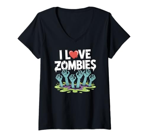Damen Ich Liebe Zombies Creepy Undead Rising Hands T-Shirt mit V-Ausschnitt Damen Ich Liebe Zombies Creepy Undead Rising Hands T-Shirt mit V-Ausschnitt von Zombie Enthusiasts Halloween Horror Fans