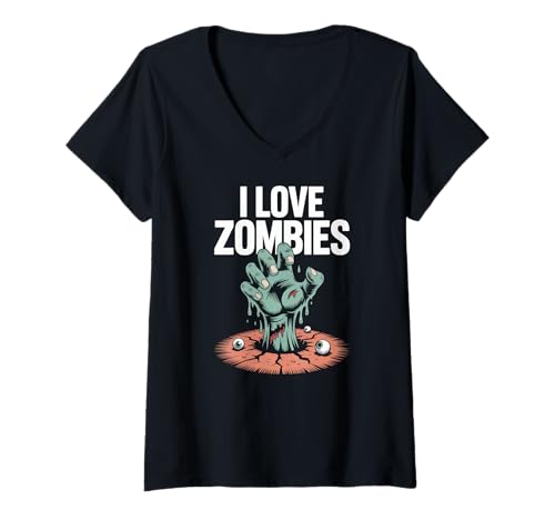Damen I Love Zombies Creepy Undead Grafik T-Shirt mit V-Ausschnitt Damen I Love Zombies Creepy Undead Grafik T-Shirt mit V-Ausschnitt von Zombie Enthusiasts Halloween Horror Lovers