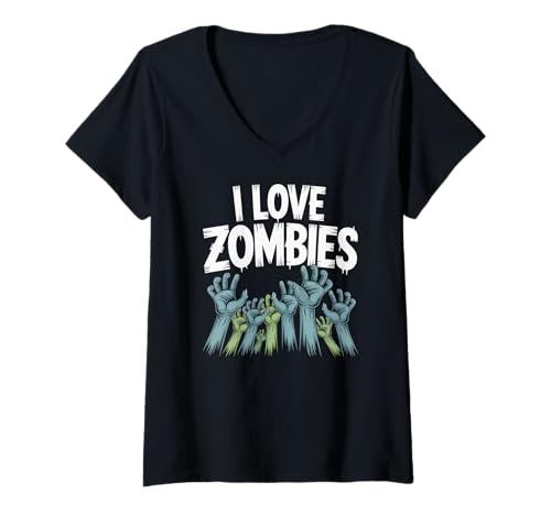 Damen I Love Zombies Gruseliger Horror-Stil T-Shirt mit V-Ausschnitt Damen I Love Zombies Gruseliger Horror-Stil T-Shirt mit V-Ausschnitt von Zombie Enthusiasts Undead Lovers Graphic