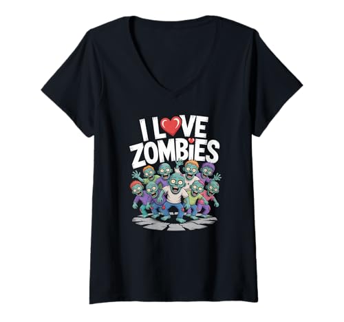 Damen Ich Liebe Zombies mit Zeichentrickfiguren T-Shirt mit V-Ausschnitt Damen Ich Liebe Zombies mit Zeichentrickfiguren T-Shirt mit V-Ausschnitt von Zombie Enthusiasts Unite World