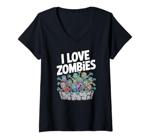 Damen Ich Liebe Zombies Graphic Undead Horde T-Shirt mit V-Ausschnitt Damen Ich Liebe Zombies Graphic Undead Horde T-Shirt mit V-Ausschnitt von Zombie Fanatics Undead Enthusiasts