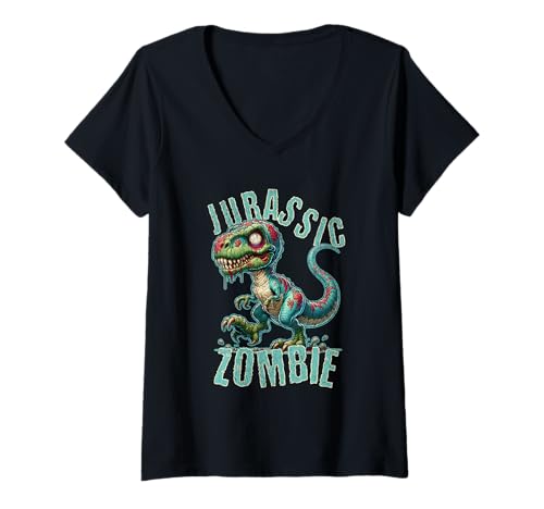 Damen Jurassic Zombie T-Rex Dinosaurier Cool Distressed Horror T-Shirt mit V-Ausschnitt Damen Jurassic Zombie T-Rex Dinosaurier Cool Distressed Horror T-Shirt mit V-Ausschnitt von Zombie Gifts For Animal Lovers