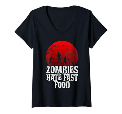 Damen Zombies hassen Fast Food Zombie T-Shirt mit V-Ausschnitt von Zombie Gifts for Men