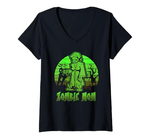 Damen Zombie Mom Halloween Retro Sunset Funny Family Mother T-Shirt mit V-Ausschnitt Damen Zombie Mom Halloween Retro Sunset Funny Family Mother T-Shirt mit V-Ausschnitt von Zombie Halloween Funny Mother Family