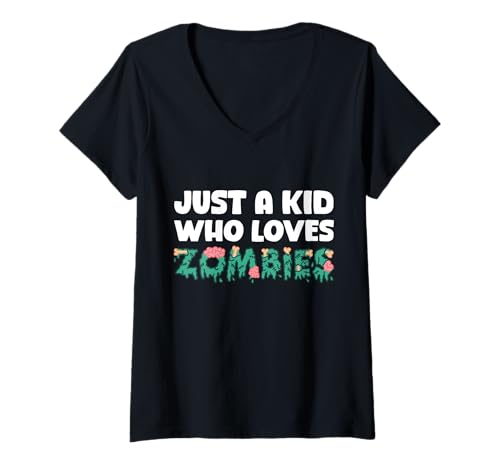 Damen Just A Kid Who Loves Zombies Funny Design T-Shirt mit V-Ausschnitt Damen Just A Kid Who Loves Zombies Funny Design T-Shirt mit V-Ausschnitt von Zombie Lover Halloween Kid Fun Men Women Kids
