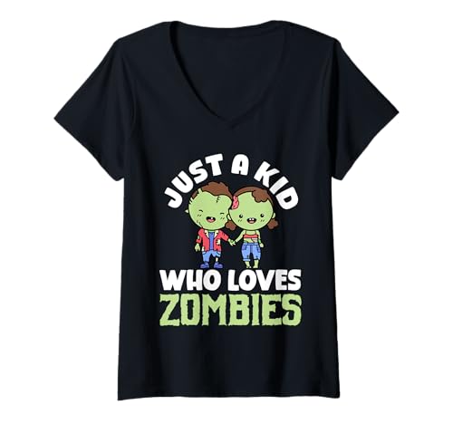 Damen Just A Kid Who Loves Zombies Funny Design T-Shirt mit V-Ausschnitt Damen Just A Kid Who Loves Zombies Funny Design T-Shirt mit V-Ausschnitt von Zombie Lover Halloween Kid Fun Men Women Kids